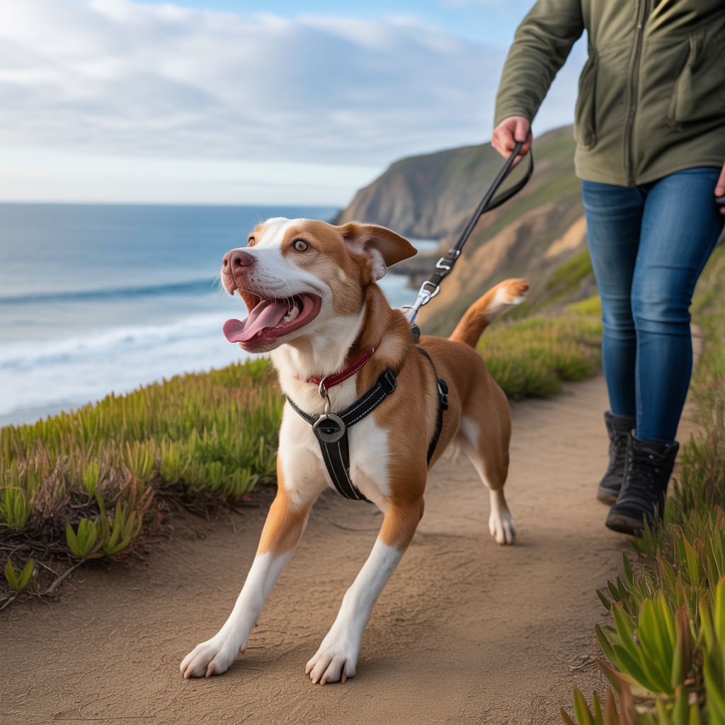 Dog in a front-clip harness pulling on leash on a coastal hiking trail, illustrating dog harness selection for pullers