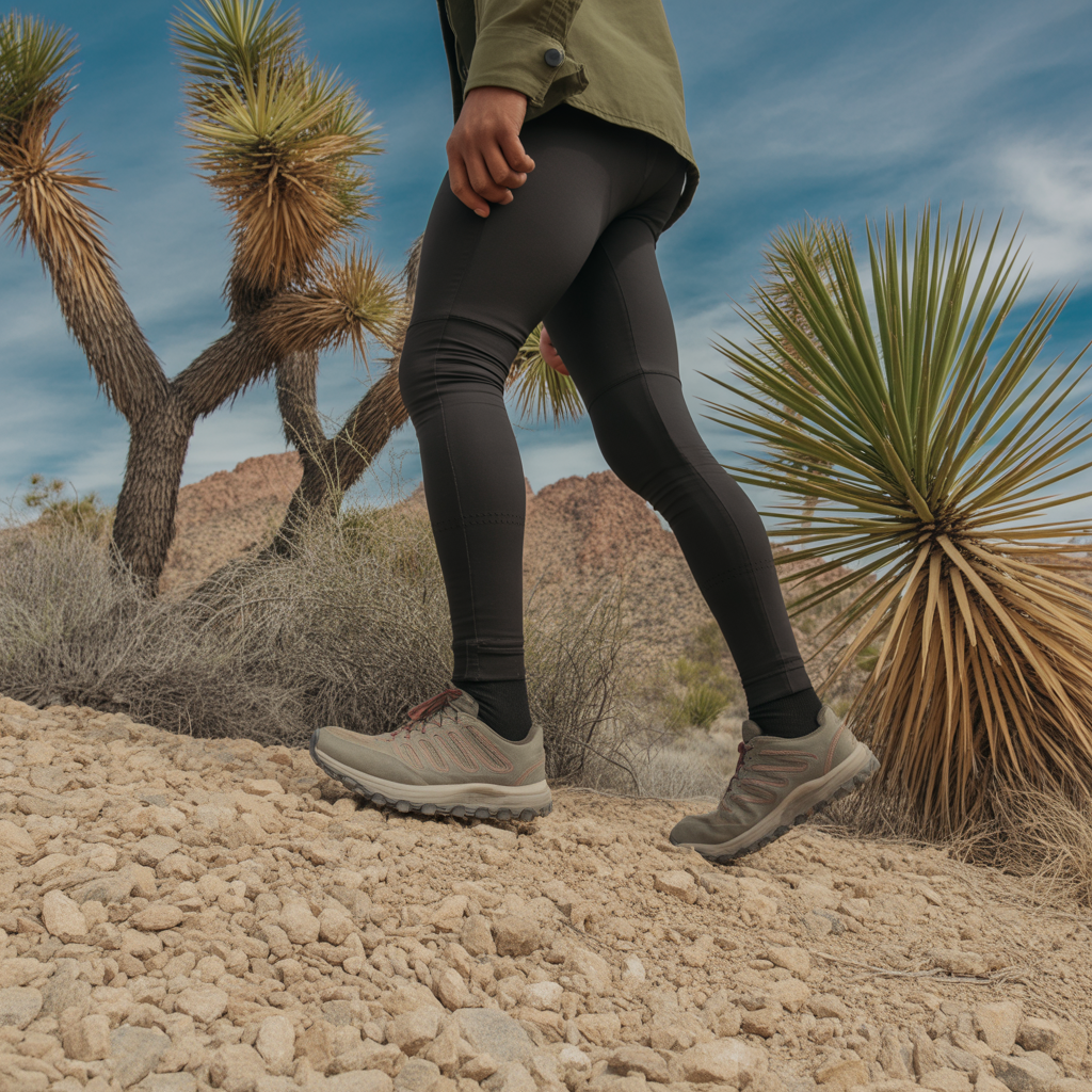 Hiker in trail runners navigating rocky desert terrain, illustrating the trail runners vs hiking boots decision