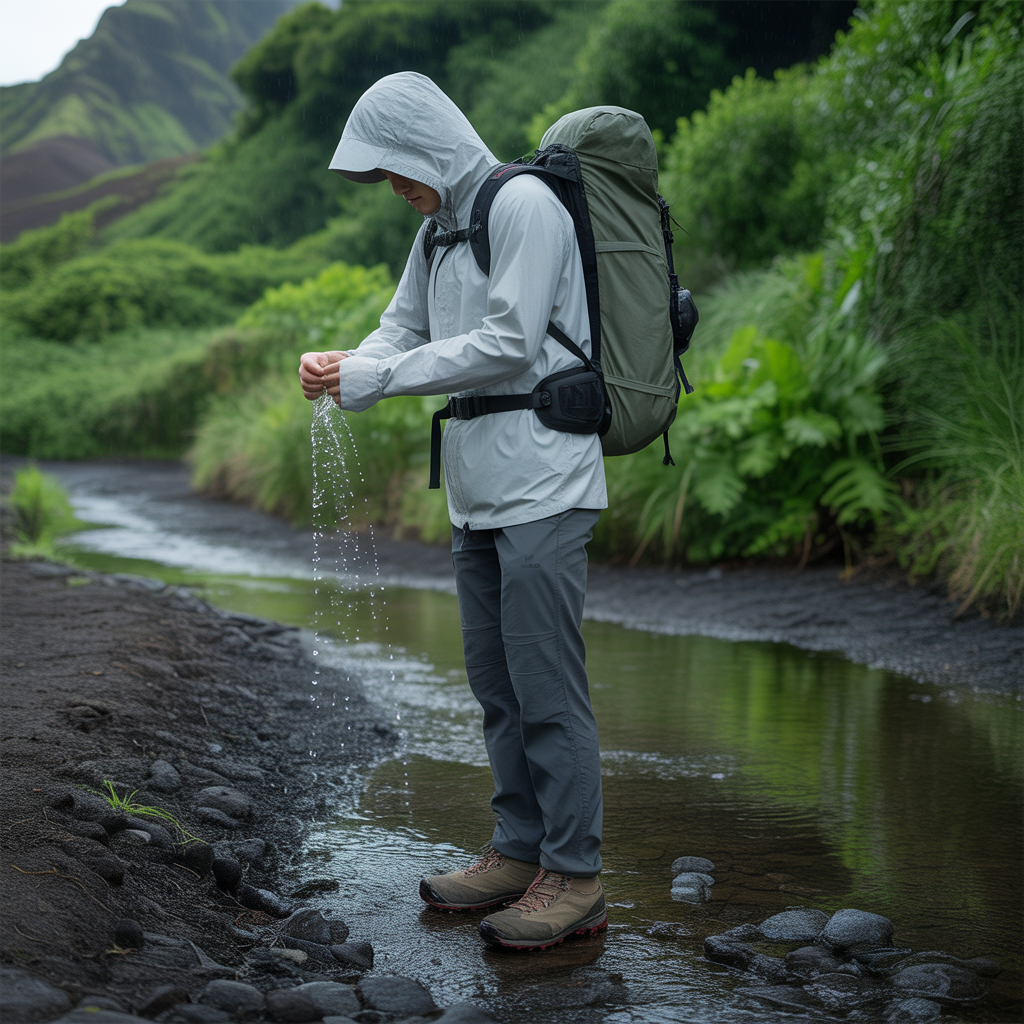 Hiker checking rain jacket waterproofing on a Hawaii trail, relevant to how to choose the right rain jacket for hiking