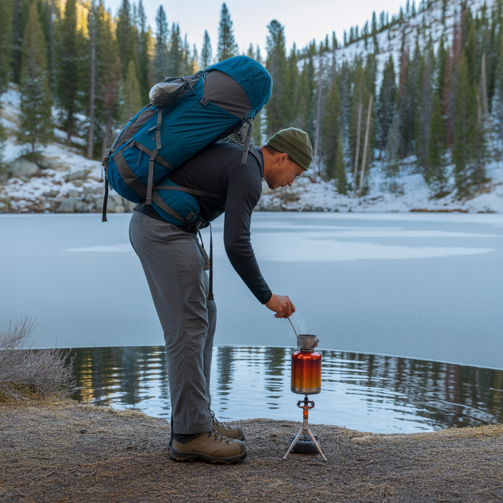 Solo backpacker boiling water on a canister stove while learning how to cook on the trail