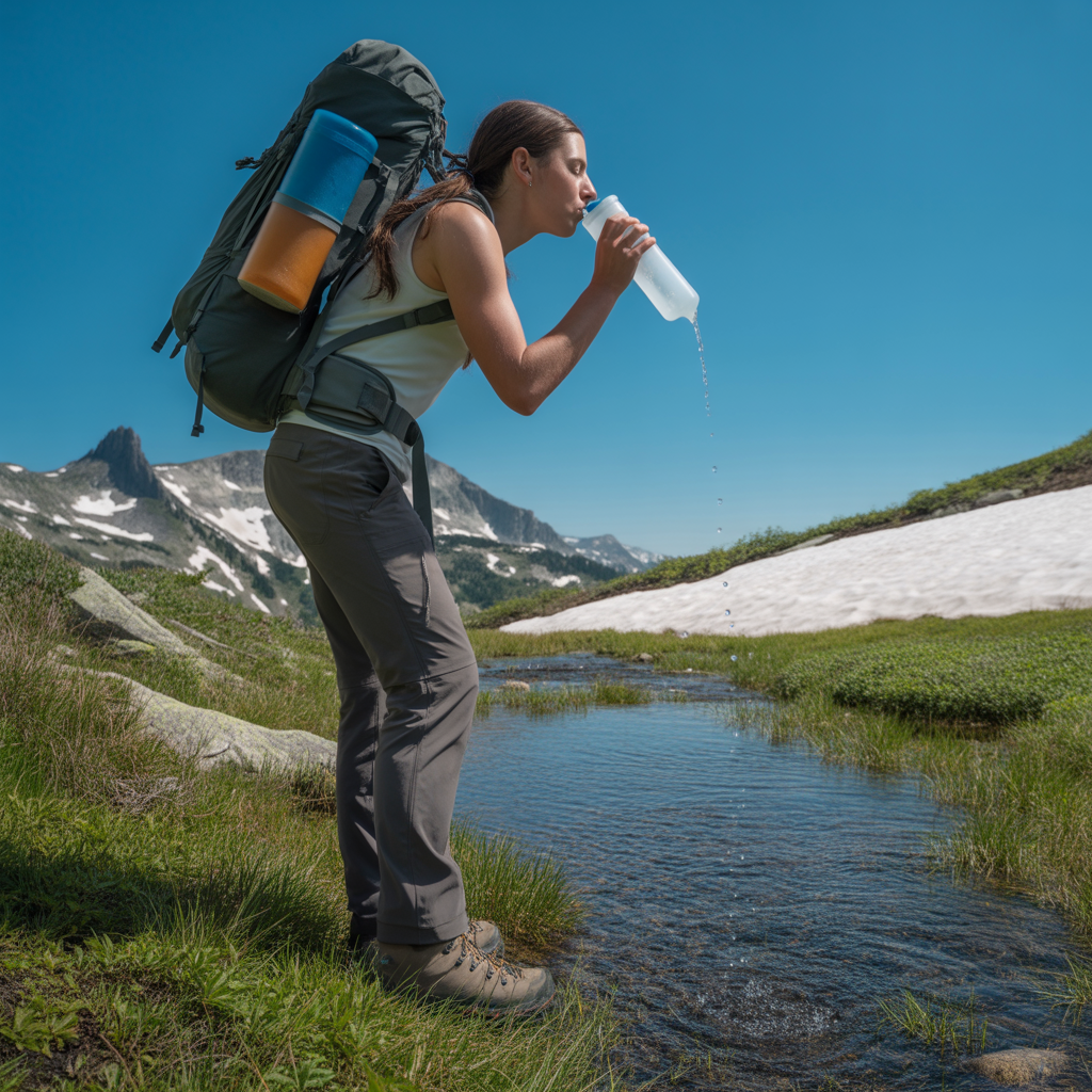Hiker using a squeeze water filter on a backcountry hike near a mountain stream in the Cascades
