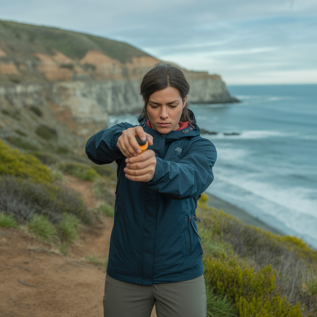 Hiker holding bear spray on a coastal trail showing how to handle a bear encounter on the trail