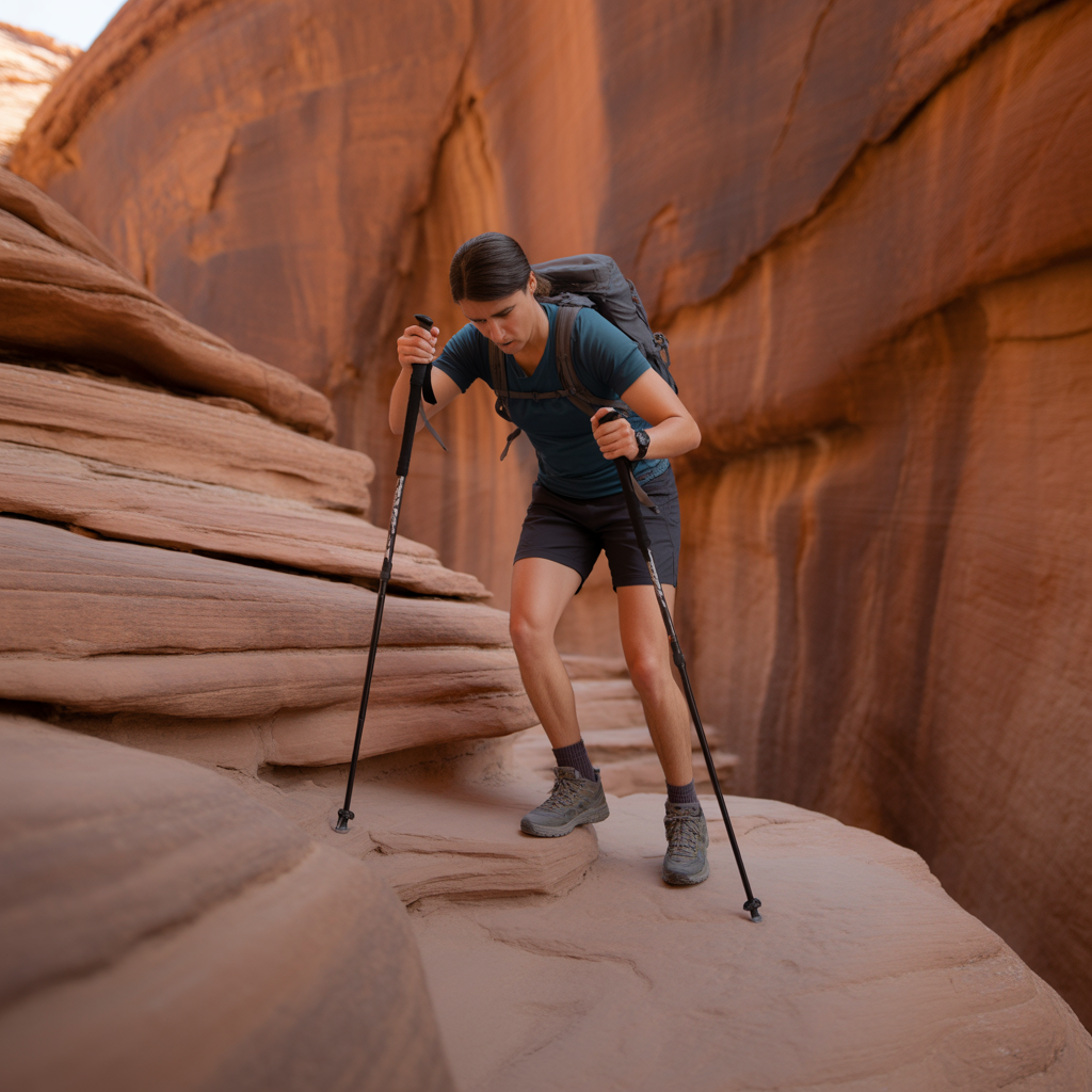 Hiker pausing to rest on a desert canyon switchback while hiking uphill using proper pacing technique