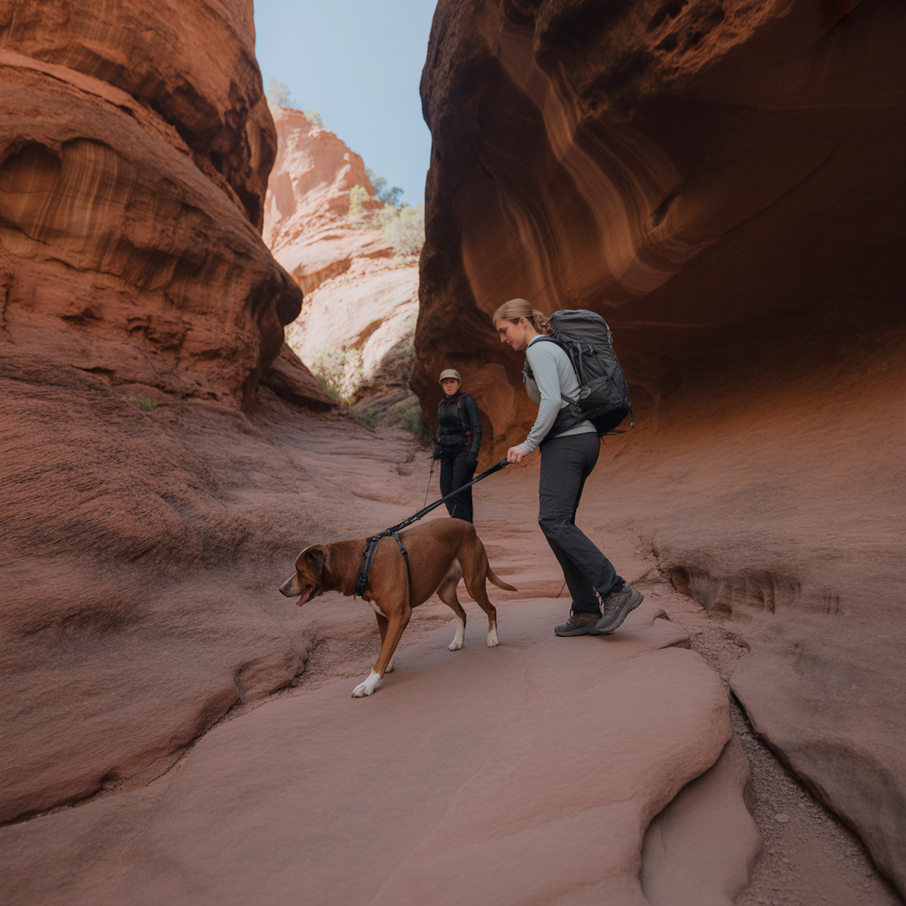 hiker managing a reactive dog hands-free on a busy canyon trail