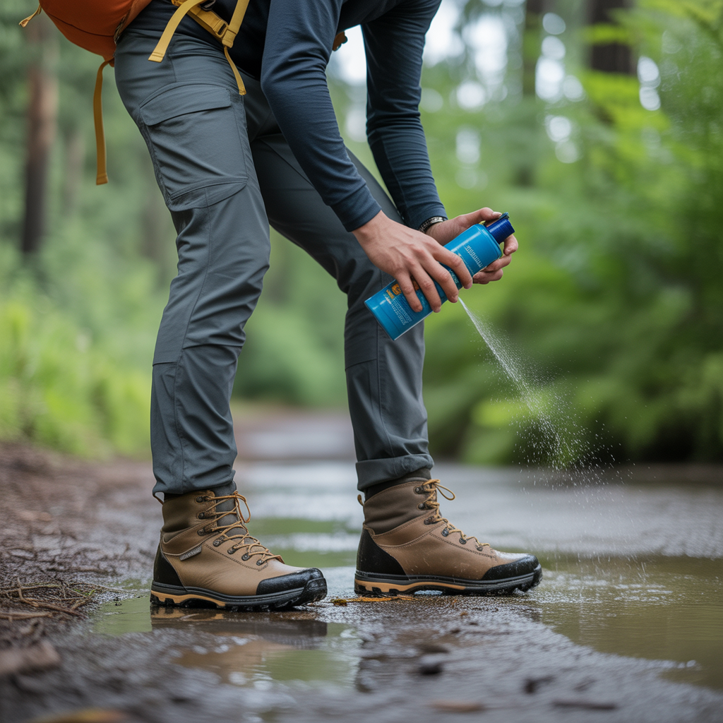 Hiker waterproofing boots before a muddy hike to protect footwear on wet trails
