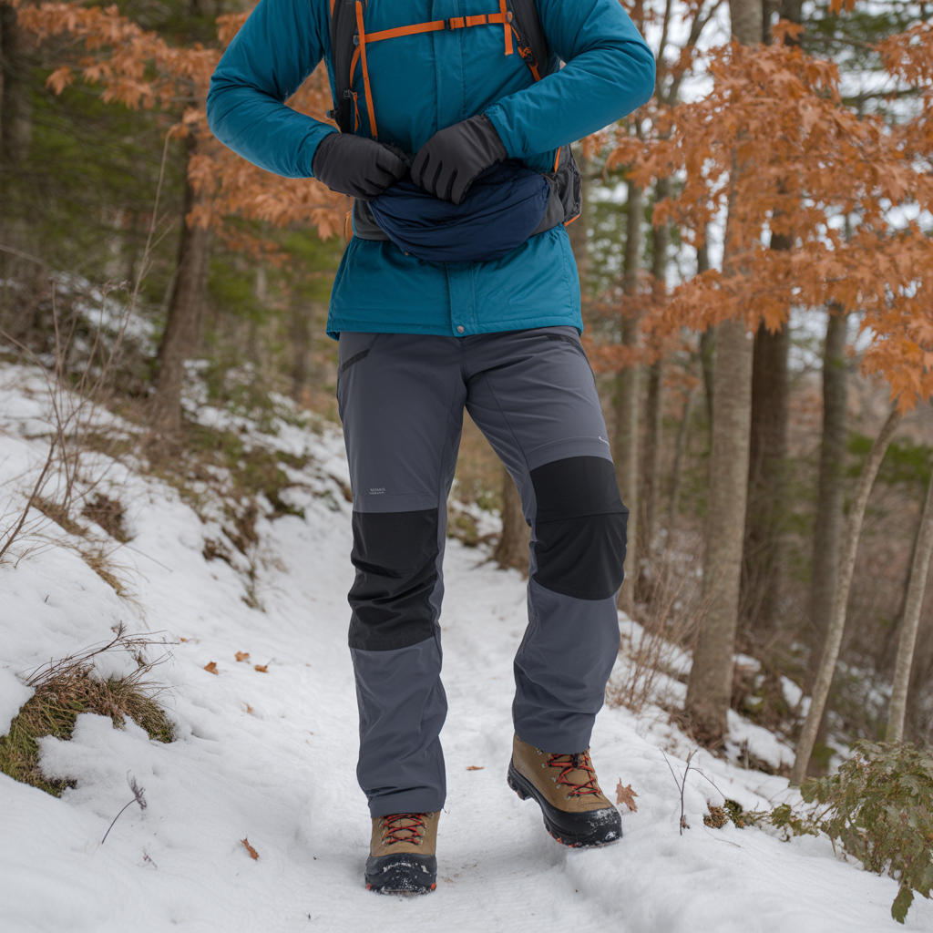 Hiker wearing proper layered winter clothing for hiking in snow for the first time