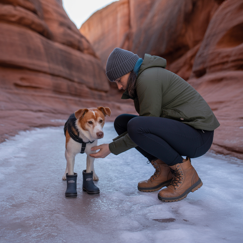 dog wearing hiking boots on icy trail showing paw protection for cold weather hiking with dogs