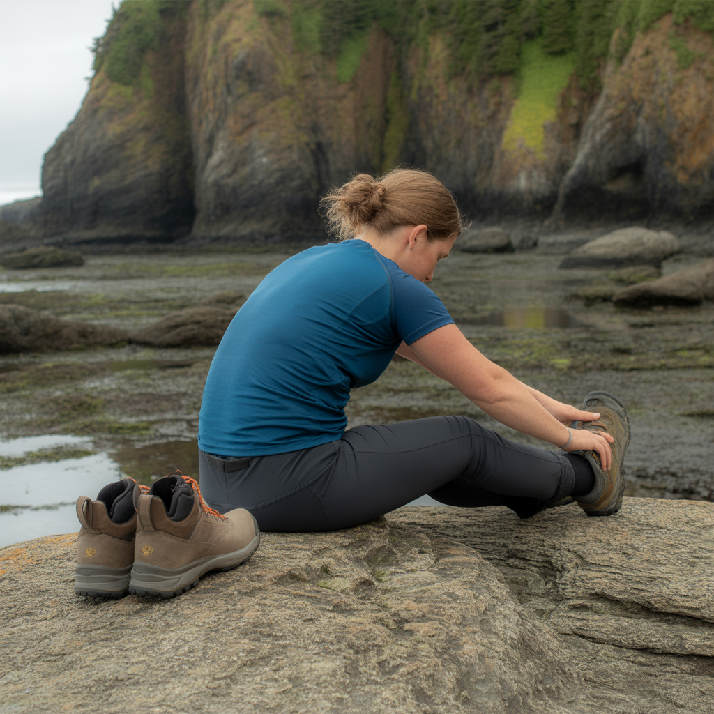 Hiker stretching plantar fascia on Oregon coast trail to manage heel pain while hiking