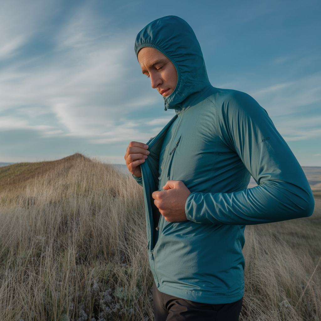 Hiker adding a layer on a windy ridgeline to stay warm without overheating on a hike