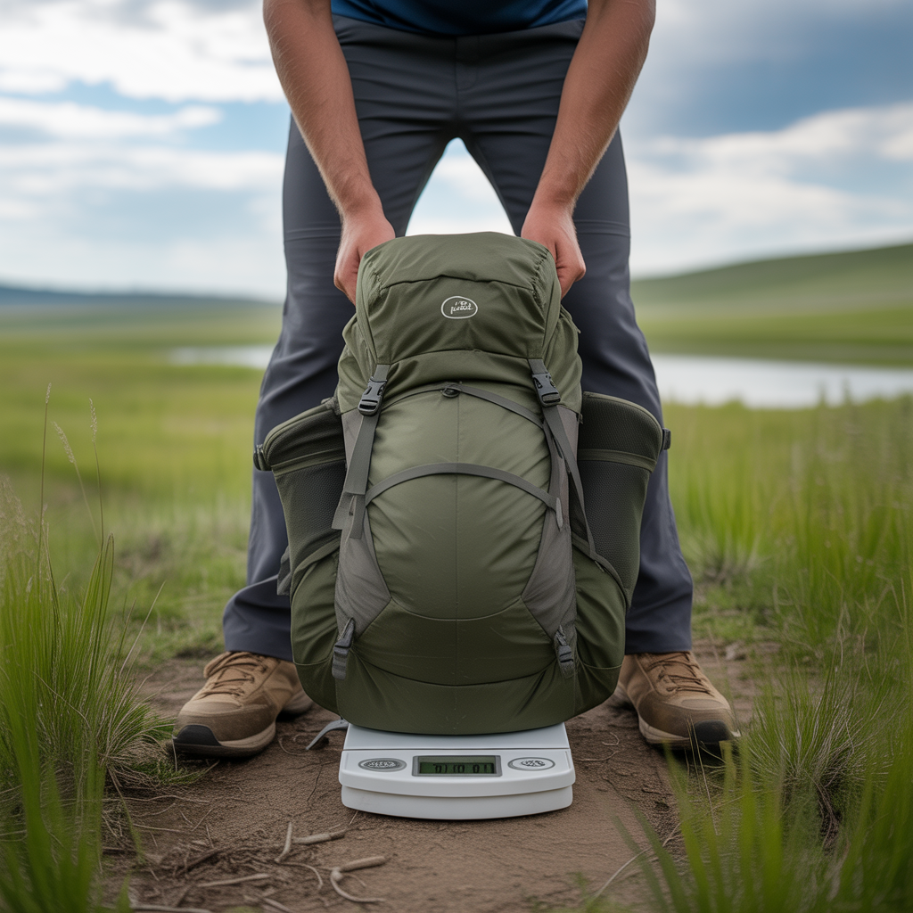Hiker checking pack weight to stay light for a day hike on a South Dakota prairie trail