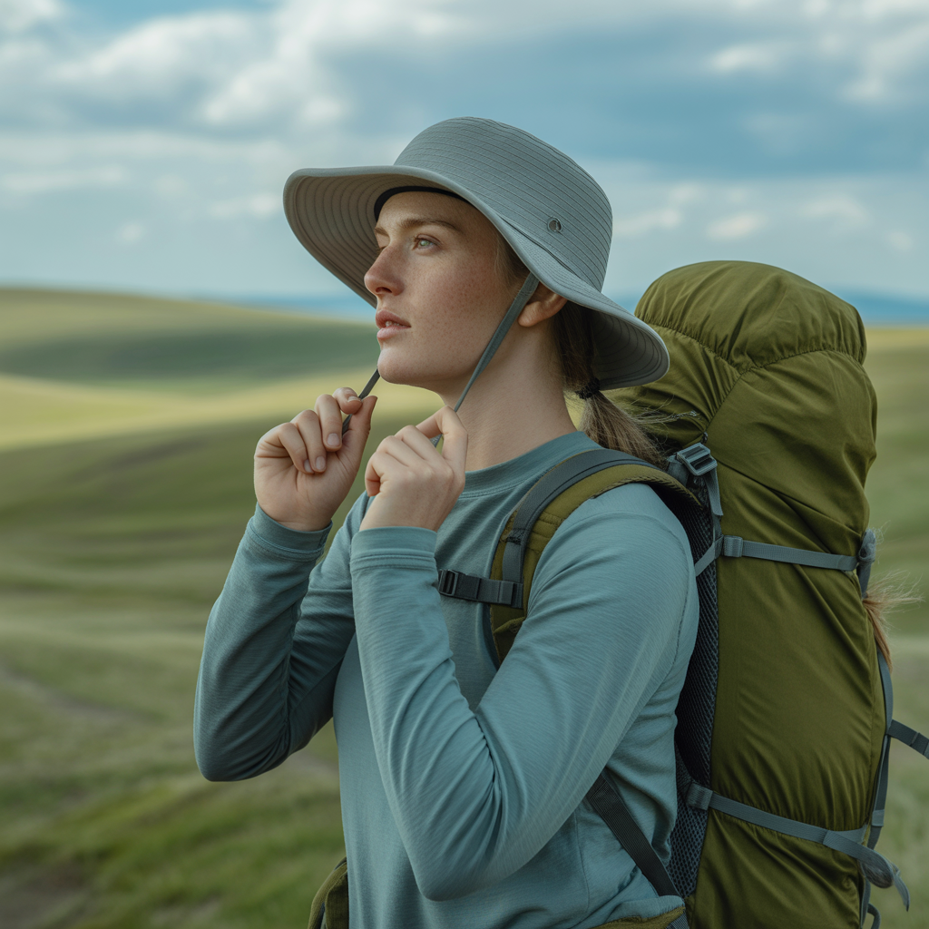 Hiker adjusting chin strap on hiking hat for sun protection on a windy Kansas ridgeline
