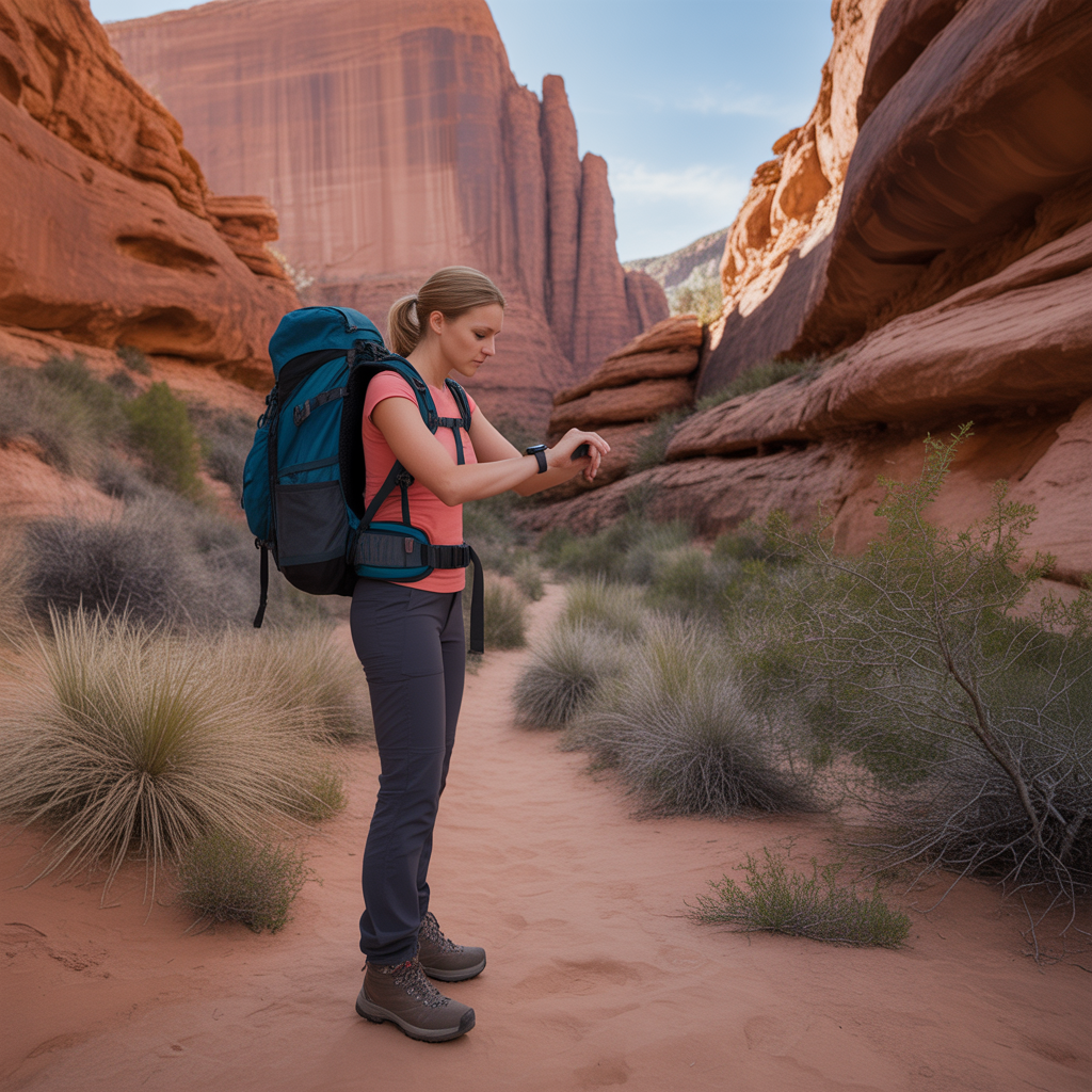 Female solo hiker checking GPS navigation device to stay safe hiking alone in Utah desert