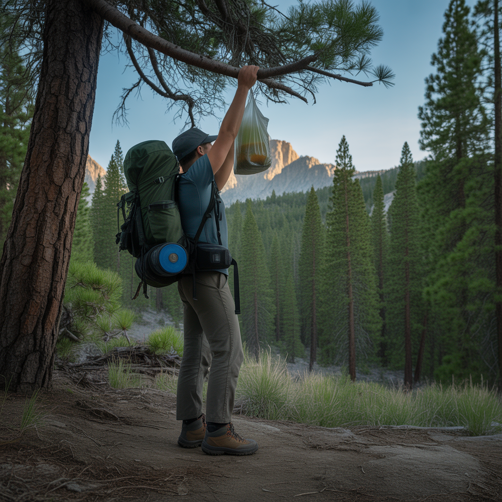 Hiker performing a bear hang to store food safely in bear country at a backcountry campsite