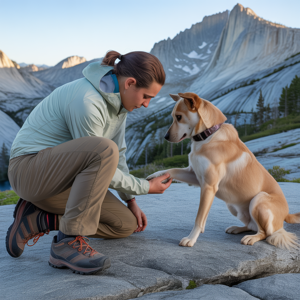 Hiker inspecting dog paw pads mid-hike on rocky Sierra Nevada trail