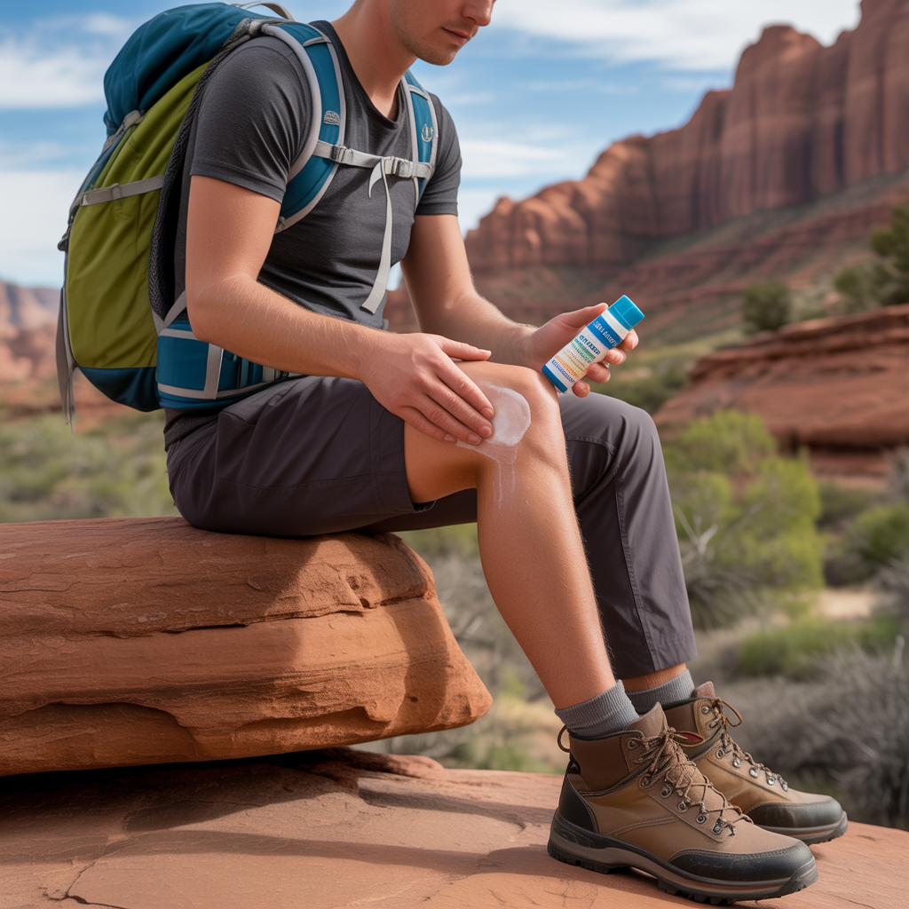 Hiker treating chafing on a desert trail stop, showing how to prevent chafing on the trail mid-hike