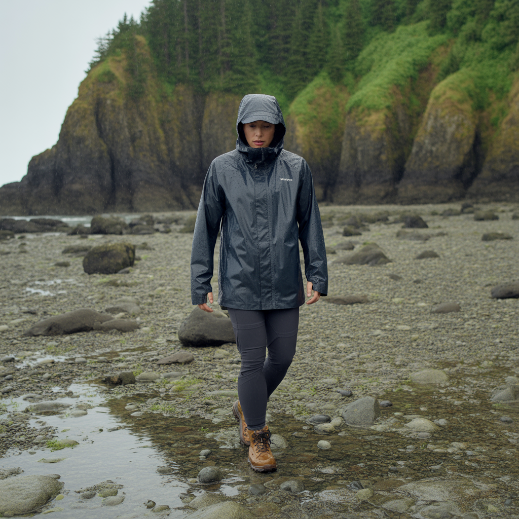 Hiker in budget rain gear walking safely along Oregon coast trail in wet conditions