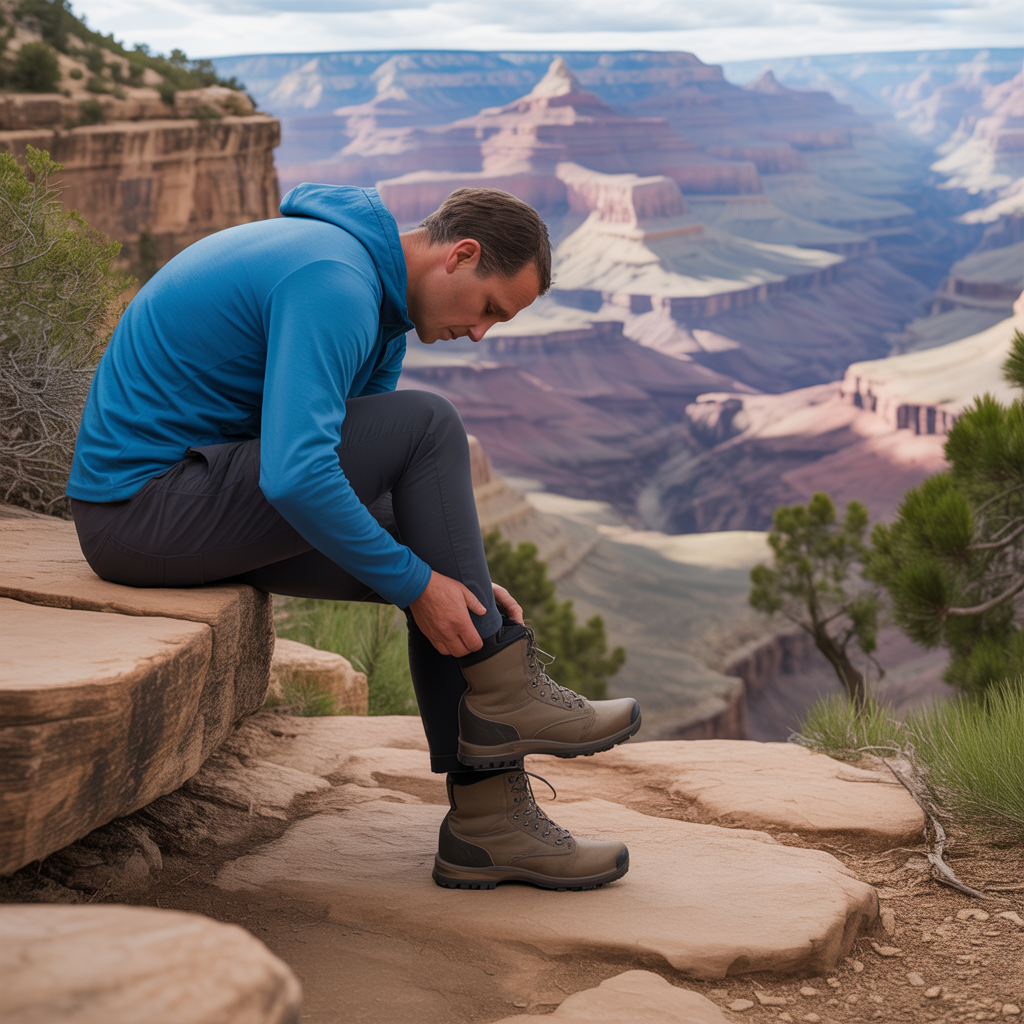 Hiker checking heel discomfort in new hiking boots on a Grand Canyon trail