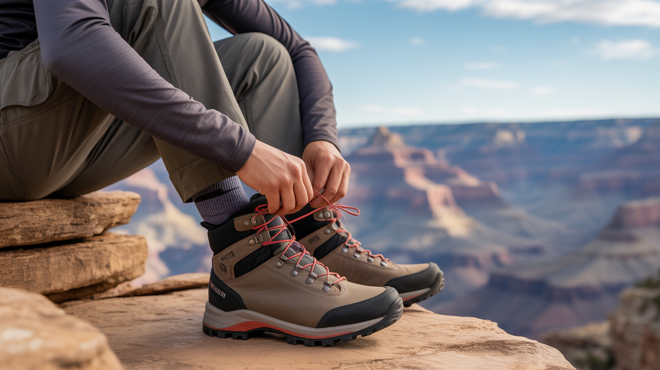 Hiker learning how to break in hiking boots without blisters while lacing up at the Grand Canyon rim