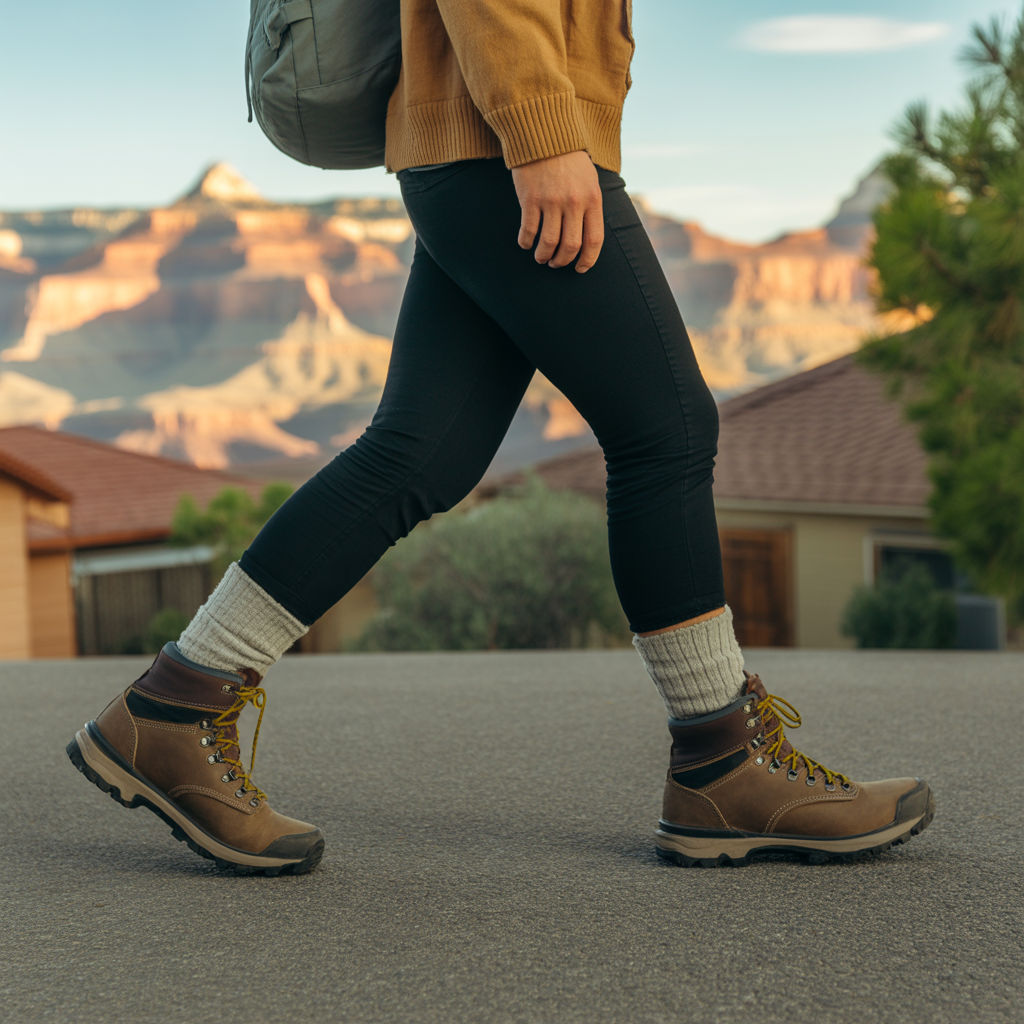 Hiker wearing new boots on a short walk during the break-in process to avoid blisters