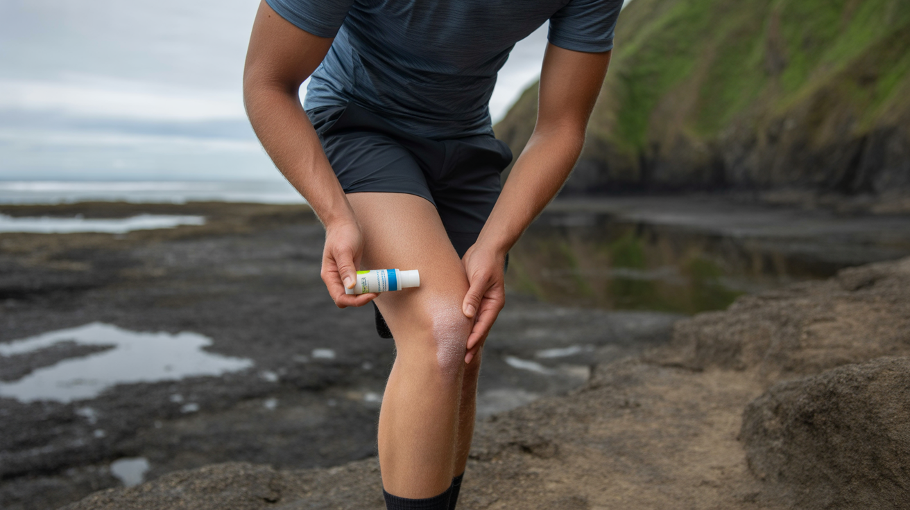 Hiker applying best anti chafe cream for hiking on an Oregon coastal trail with rocky shoreline in background